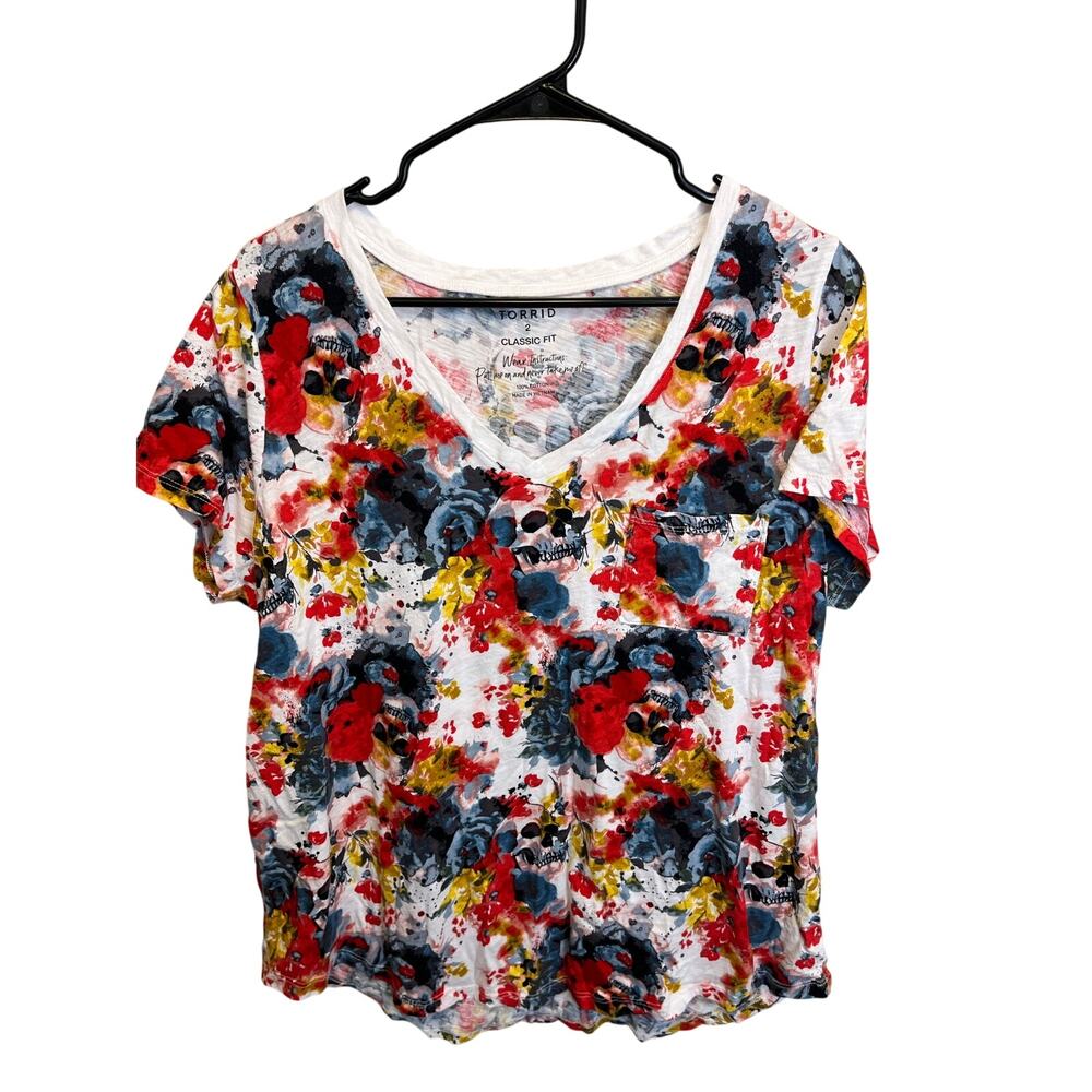 Torrid Floral Short Sleeve Skeleton V-Neck Casual T-Shirt Plus Size 2X